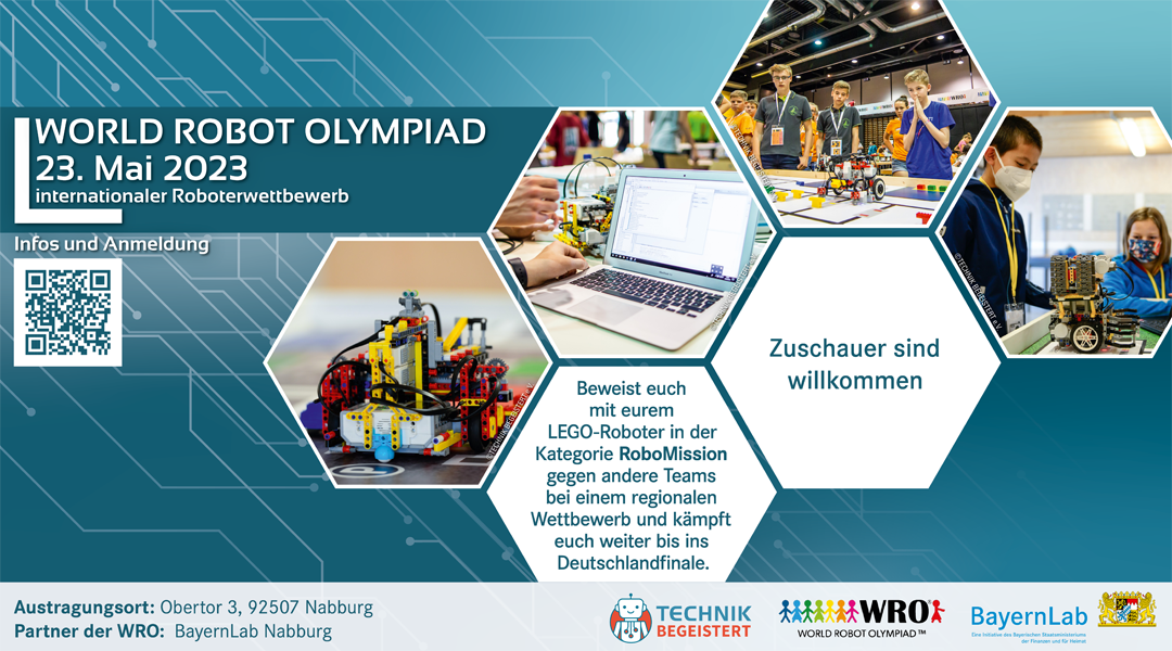 Plakat WRO Wettbewerb in Nabburg, Bilder mit Lego-Robotern und Teilnehmenden, Vorentscheid zum Deutschlandfinale am 23. Mai 2023 in Nabburg